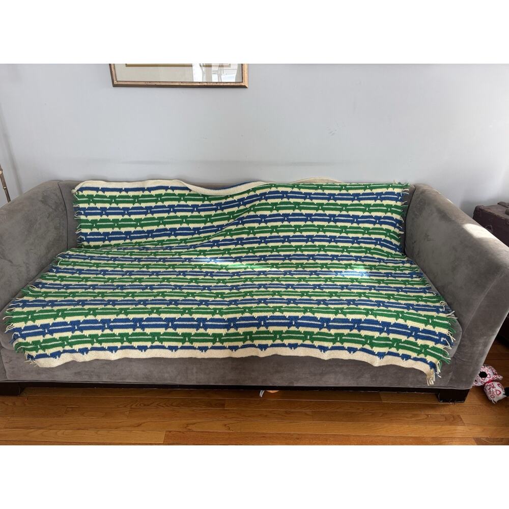 Vintage Crochet Blanket Blue/White/Green 70” X 50” EUC